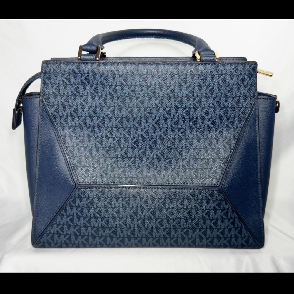 Michael Kors Navy MK Logo Satchel with Gold-Tone Hardware - Picture 3 of 14